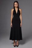 Vestido formal largo negro sin mangas halter de línea A