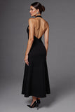 Vestido formal largo negro sin mangas halter de línea A