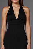Vestido formal largo negro sin mangas halter de línea A