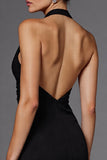 Vestido formal largo negro sin mangas halter de línea A