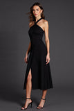 A Line Halter Vestido Formal Midi Negro con Abertura