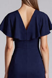 Vestido formal midi azul marino de manga corta vaina