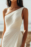 Vestido de compromiso de playa Maxi Vaina de un hombro de gasa marfil con abertura