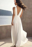 Vestido de compromiso de playa maxi con escote en V de gasa fruncida marfil