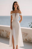Vestido de cena de ensayo largo de lentejuelas con hombros descubiertos en color marfil brillante con abertura