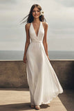 Vestido de compromiso de playa con vaina maxi vaina halter marfil de gasa