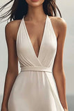 Vestido de compromiso de playa con vaina maxi vaina halter marfil de gasa