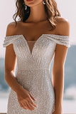 Vestido de recepción de boda maxi de lentejuelas sirena marfil brillante