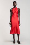 Vestido de invitada de boda de gasa fruncida con vaina roja halter