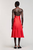 Vestido de invitada de boda de gasa fruncida con vaina roja halter