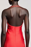 Vestido de invitada de boda de gasa fruncida con vaina roja halter