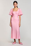 Vestido de invitada de boda de gasa con cuello cuadrado de gasa rosa