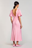 Vestido de invitada de boda de gasa con cuello cuadrado de gasa rosa
