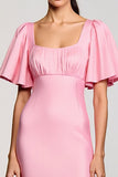 Vestido de invitada de boda de gasa con cuello cuadrado de gasa rosa