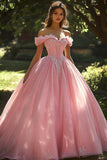 Princesa Con Hombros Descubiertos Vestido De Fiesta Con Apliques Vestido De Quinceañera Rosa