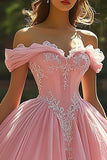 Princesa Con Hombros Descubiertos Vestido De Fiesta Con Apliques Vestido De Quinceañera Rosa