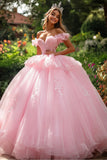 Princesa con volantes fuera del vestido de bola de hombro vestido rosa de quinceañera