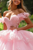Princesa con volantes fuera del vestido de bola de hombro vestido rosa de quinceañera