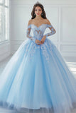 Vestido de gala con apliques con hombros descubiertos Vestido de quinceañera de encaje azul cielo