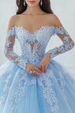 Vestido de gala con apliques con hombros descubiertos Vestido de quinceañera de encaje azul cielo