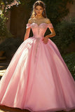 Vestido de fiesta rosa con hombros descubiertos Vestido de Quinceañera Princesa con apliques