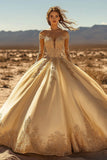 Vestido de gala con apliques con hombros descubiertos Vestido de quinceañera de encaje dorado