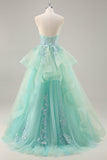 Vestido de fiesta largo sin tirantes A Line Green Corset con lentejuelas