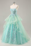 Vestido de fiesta largo sin tirantes A Line Green Corset con lentejuelas