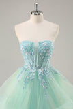 Vestido de fiesta largo sin tirantes A Line Green Corset con lentejuelas