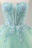 Vestido de fiesta largo sin tirantes A Line Green Corset con lentejuelas