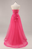 Corsé fucsia con abertura sin tirantes Vestido de fiesta largo con apliques