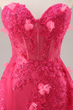 Corsé fucsia con abertura sin tirantes Vestido de fiesta largo con apliques