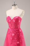Corsé fucsia con abertura sin tirantes Vestido de fiesta largo con apliques