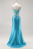 Corsé de satén sirena Vestido de fiesta azul con abalorios