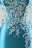 Corsé de satén sirena Vestido de fiesta azul con abalorios