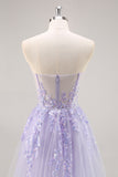 Vestido de fiesta con corsé sin tirantes lila con superposición desmontable