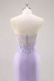 Vestido de fiesta con corsé sin tirantes lila con superposición desmontable