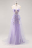 Vestido de fiesta con corsé sin tirantes lila con superposición desmontable