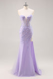 Vestido de fiesta con corsé sin tirantes lila con superposición desmontable