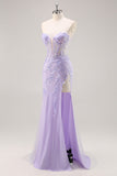 Vestido de fiesta con corsé sin tirantes lila con superposición desmontable