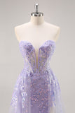 Vestido de fiesta con corsé sin tirantes lila con superposición desmontable