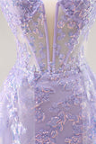 Vestido de fiesta con corsé sin tirantes lila con superposición desmontable