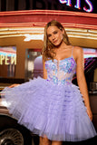 Vestido corto de fiesta con corsé de línea A brillante en color púrpura con lentejuelas