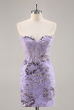 Vestido de fiesta corto con corsé de cuentas sin tirantes morado con apliques