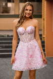 Vestido de fiesta corto floral rosa con corsé sin tirantes y apliques