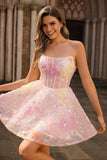 Vestido de fiesta corto rosa con lentejuelas sin tirantes brillantes con apliques