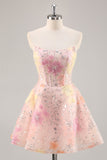 Vestido de fiesta corto rosa con lentejuelas sin tirantes brillantes con apliques