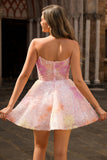 Vestido de fiesta corto rosa con lentejuelas sin tirantes brillantes con apliques