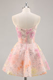 Vestido de fiesta corto rosa con lentejuelas sin tirantes brillantes con apliques
