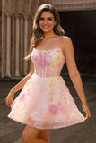 Vestido de fiesta corto rosa con lentejuelas sin tirantes brillantes con apliques